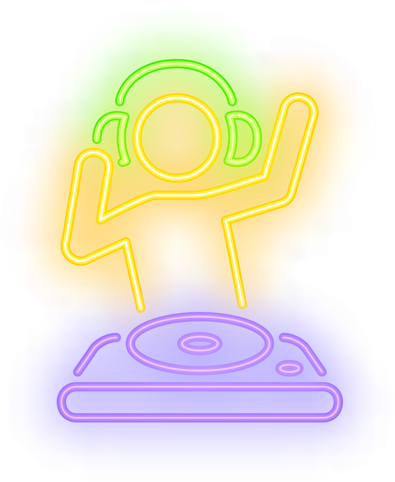 Disk jokey with dj mixer neon sign. Music, party and sound concept. Advertisement design. Night bright neon sign, colorful billboard, light banner. Illustration in neon style.